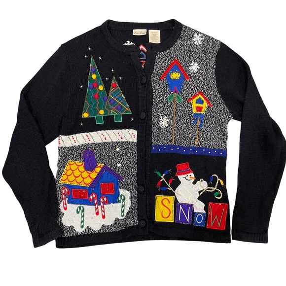 Bobbie Brooks Ladies Medium 8/10 Christmas Sweater Black Missing Buttons - Picture 1 of 10